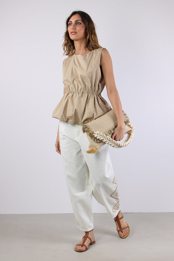 Pantalone Barrel Ricamo Fondo Bianco