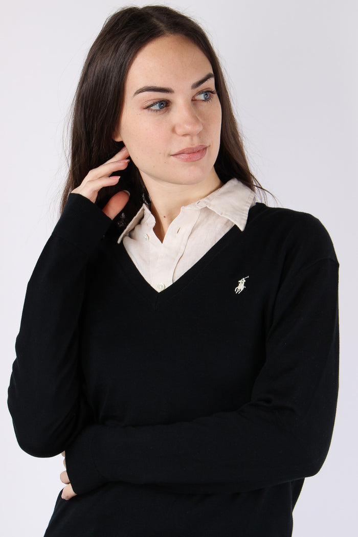 Pullover Cotone Scollo V Polo Black-7