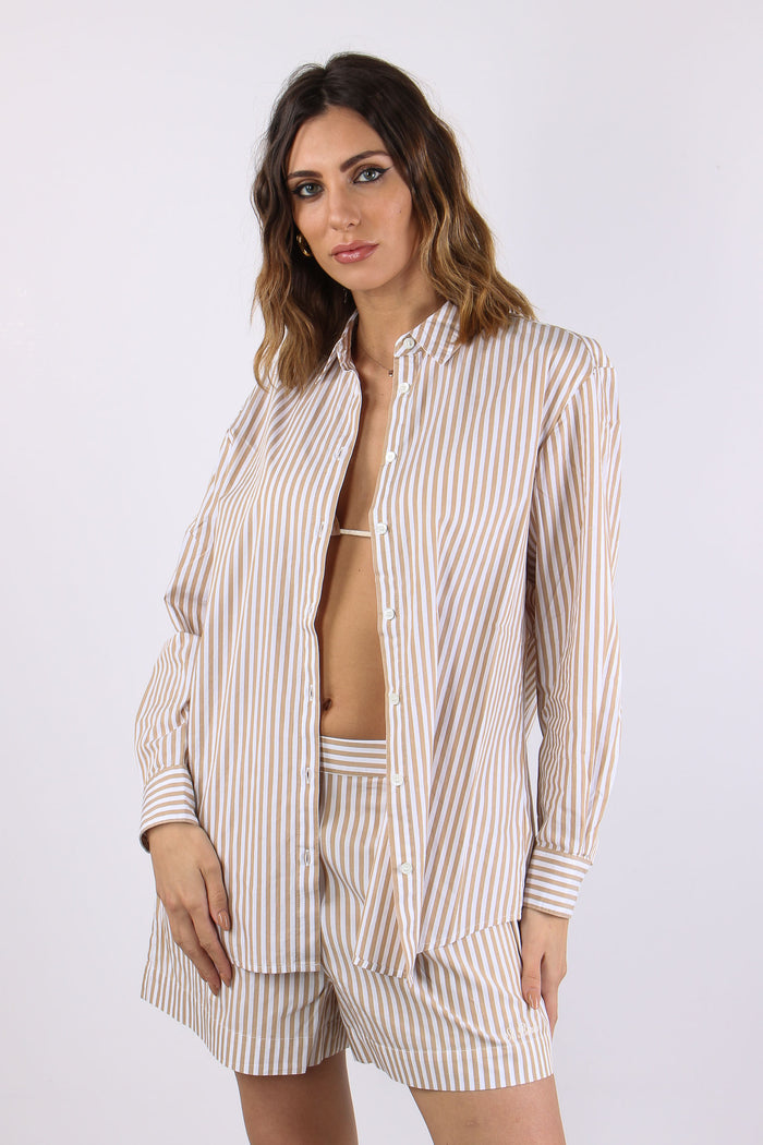 Camicia Cotone Riga Ricamo Schiena Bianco/beige-2