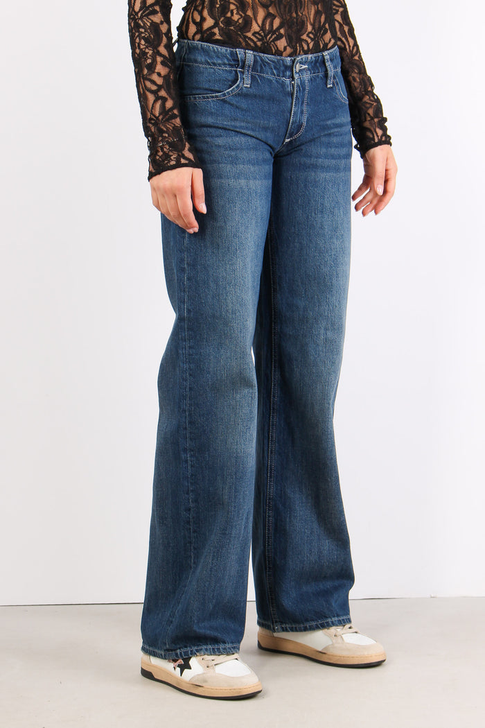 Denim Vita Bassa Gamba Larga Denim Scuro-5