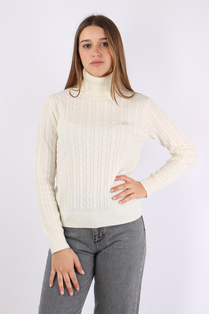 Maglia Collo Alto Trecce Bianco-2