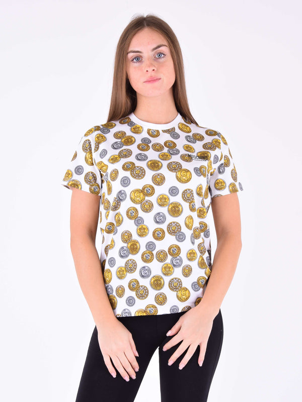 T-shirt Stampa Monete Bianco/oro