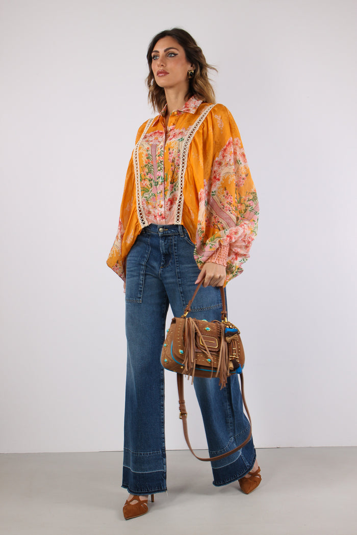 Camicia Cropped Manica Ampia Arancio-7