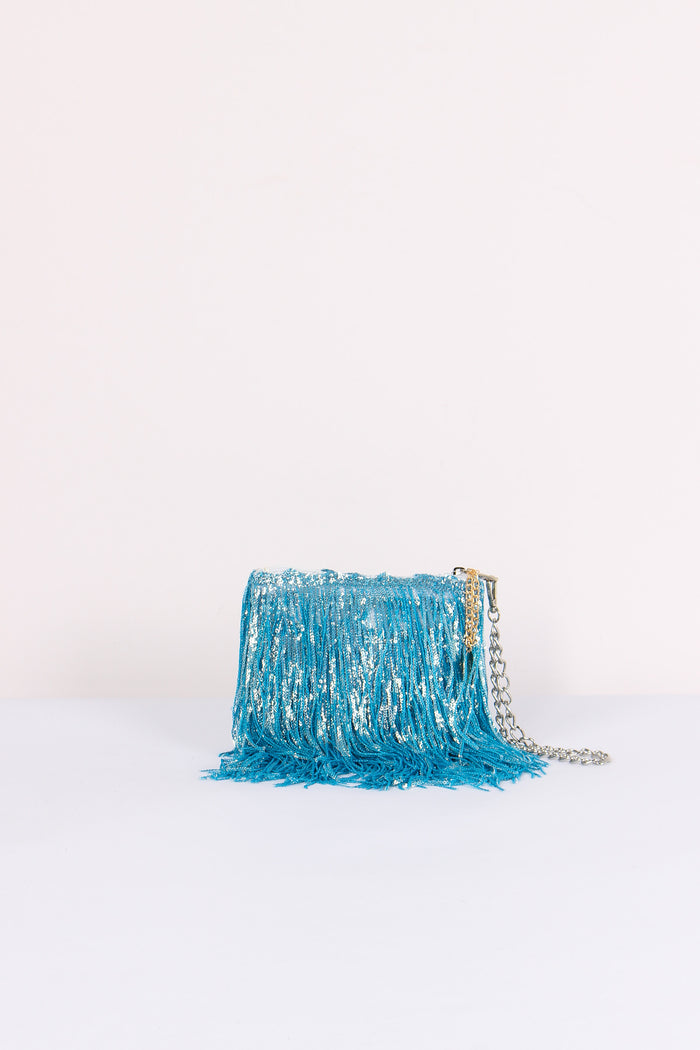 Pochette Paillettes Frange Torquoise-3