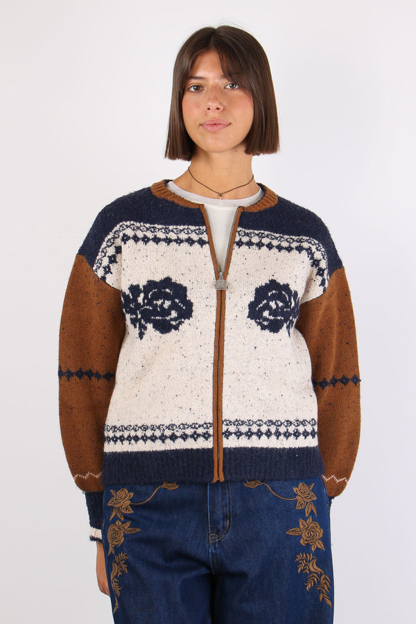 Cardigan Zip Jacquard Cammello/blu