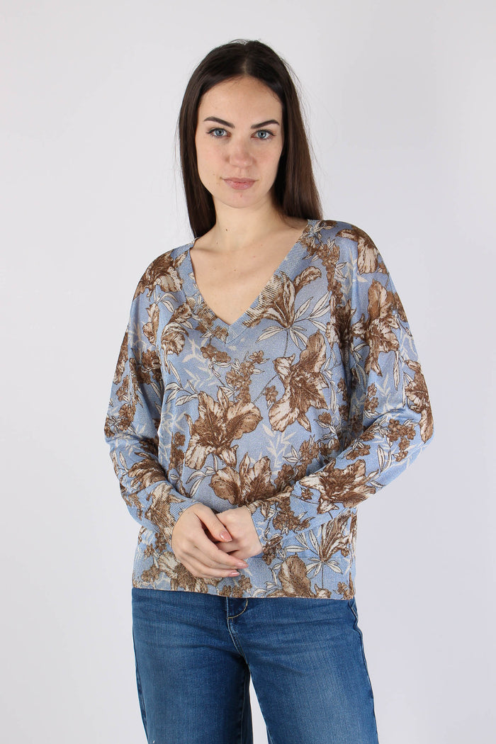 Maglia Lurex Fantasia Foglie Blu Wave-3