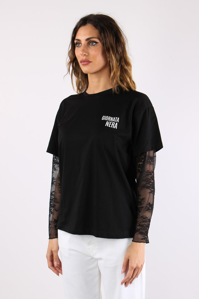T-shirt Manica Pizzo Stampa Nero-6