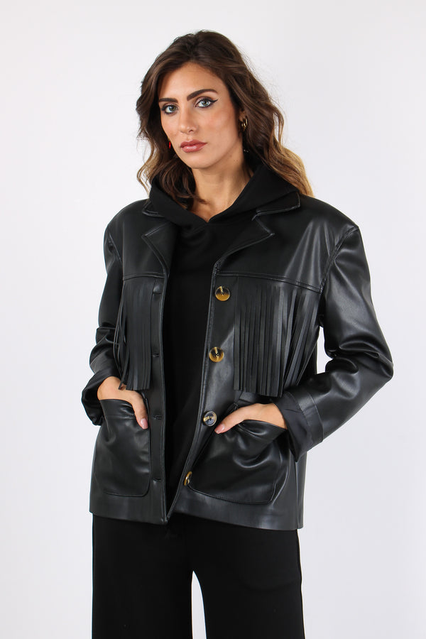 Giacca Ecopelle Frange Nero-2