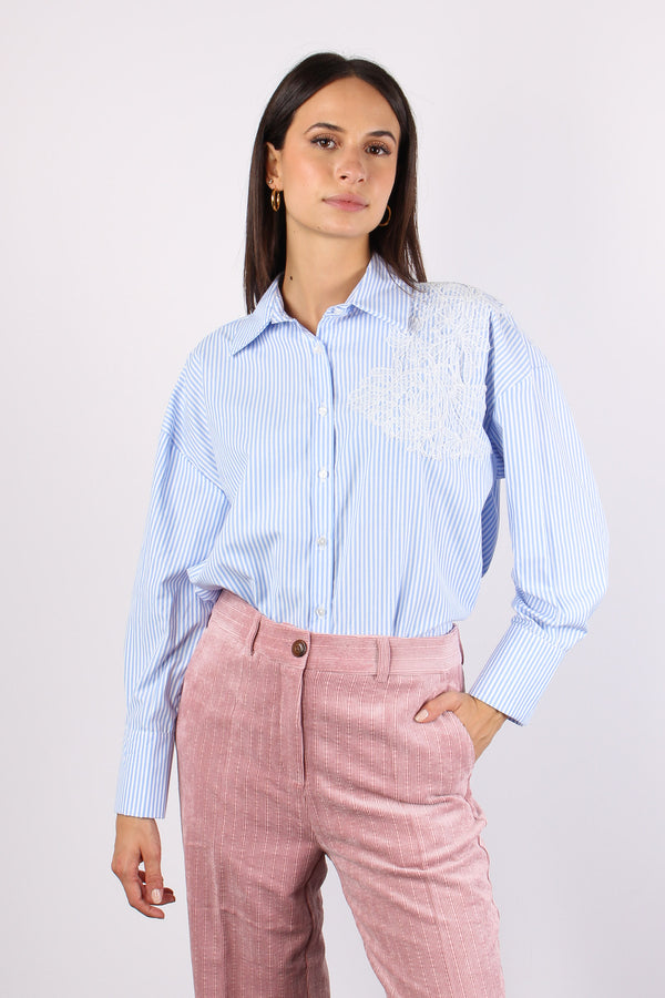 Camicia Riga Inserto Pizzo Bianco/azzurro