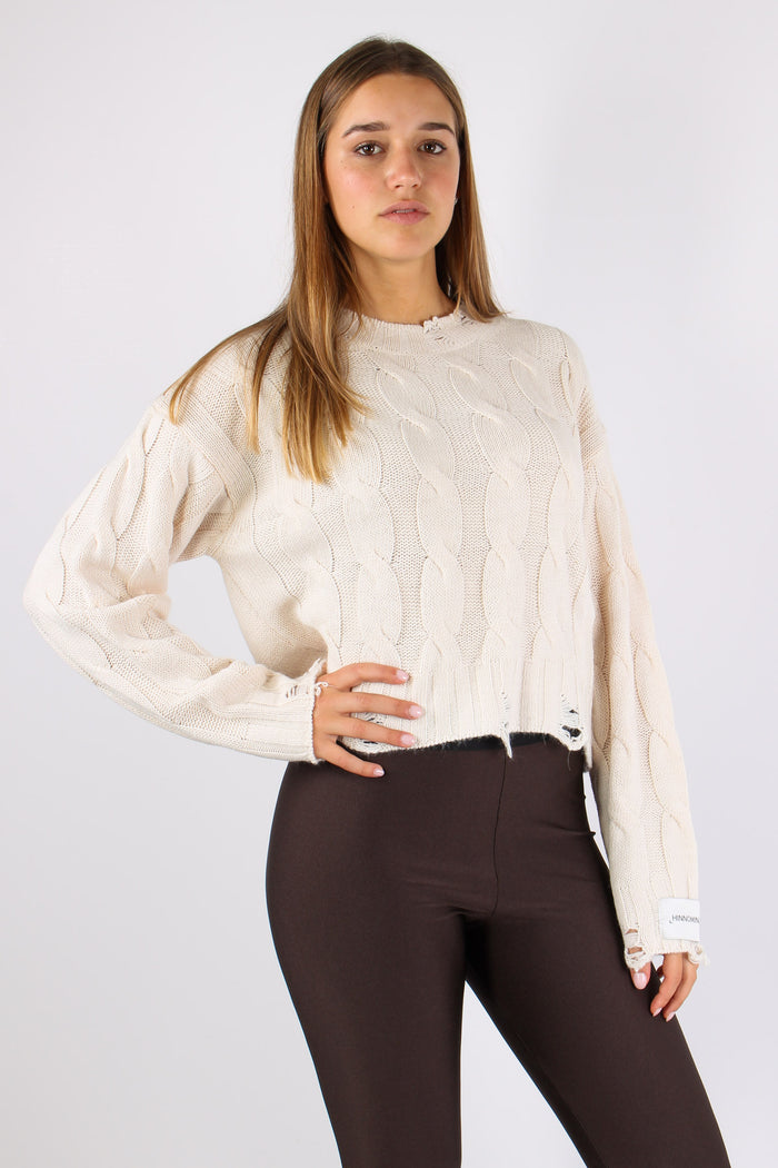 Maglia Treccia Rotture Bianco Burro-7