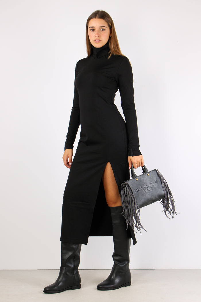 Abito Collo Alto Spacco Nero-8