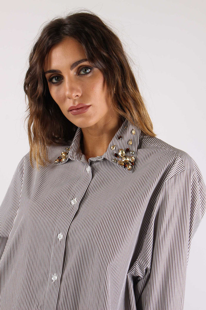 Camicia Riga Applicazione Coll Bianco/moro-8