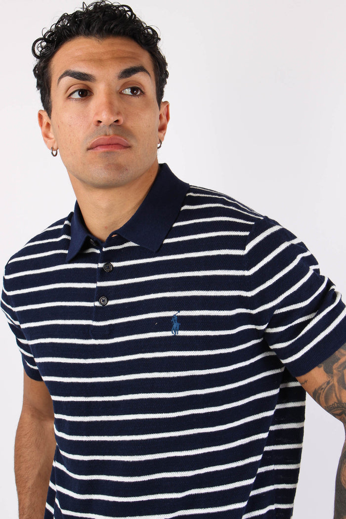Polo Bottoni Riga In Maglia Navy/white-7