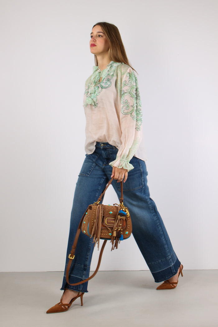 Camicia Lino Fantasia Inserto Nappine Crema/verde-9