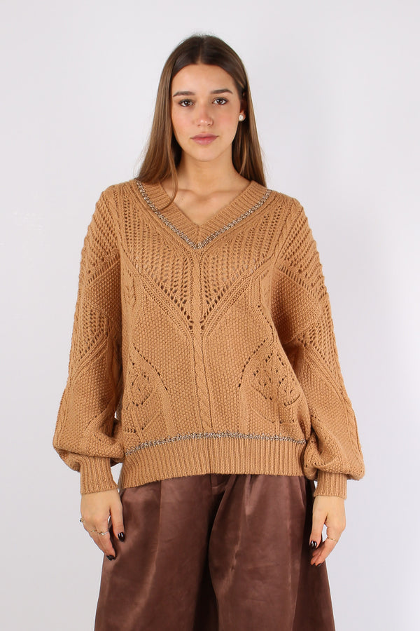 Maglia Scavo V Lurex Traforata Miele-2