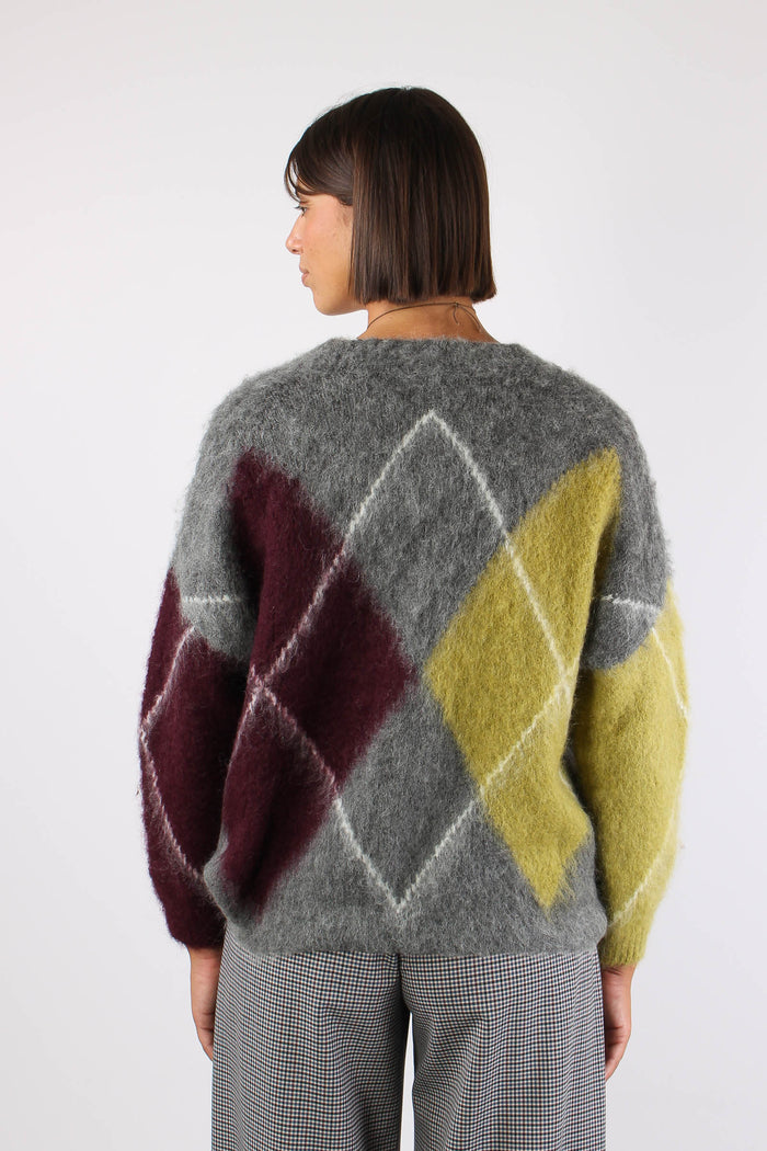 Cardigan Garzato Maxi Rombo Grigio/olio/bordeaux-4