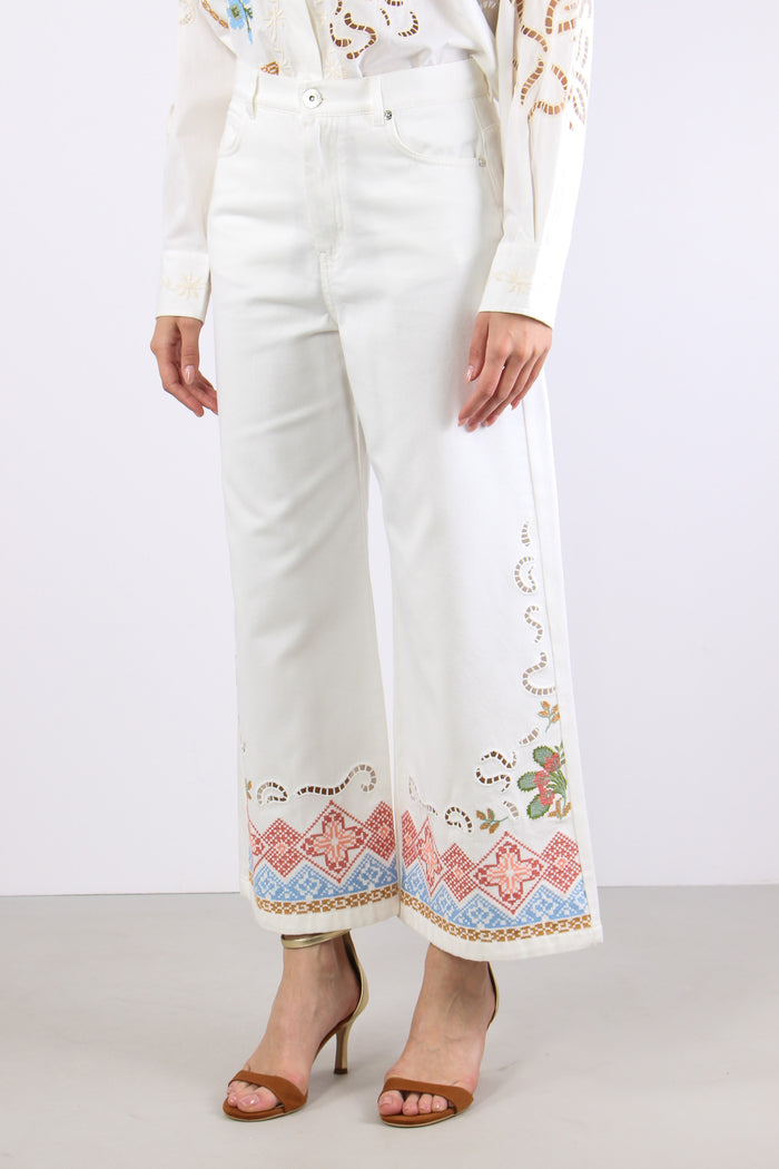 Adunco Pantalone Fondo Ricami Off White-3