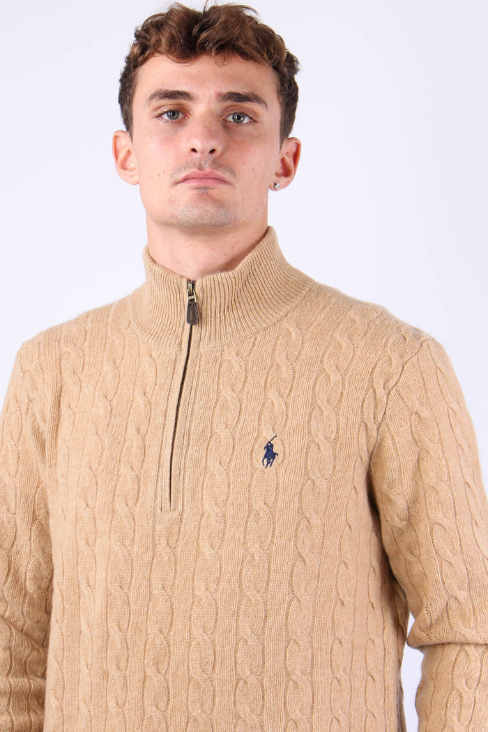 Pullover Mezza Zip Lana Trecce Camel Melange-5