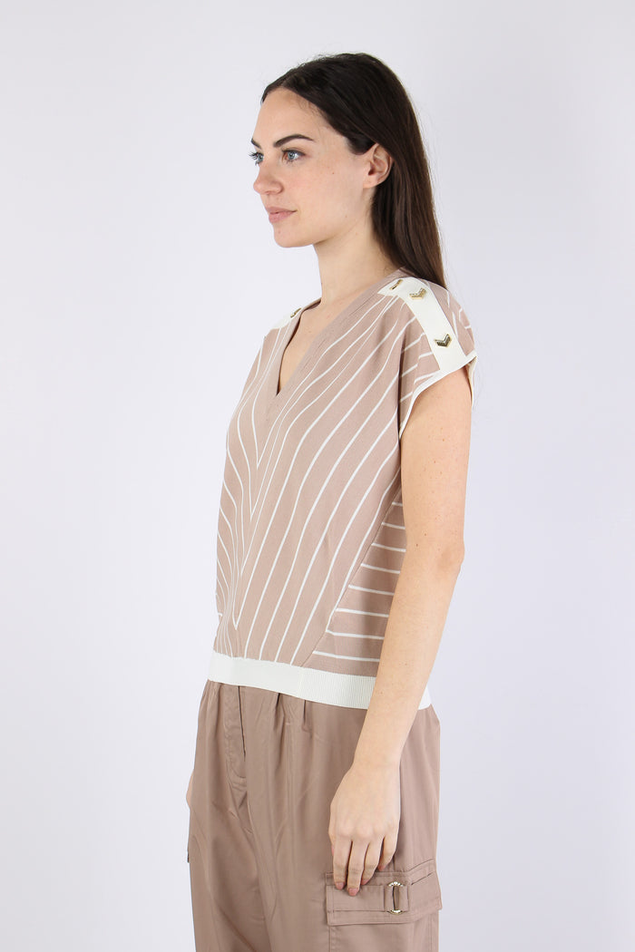 Maglia Scollo V Bottoni Riga Almond/white-6