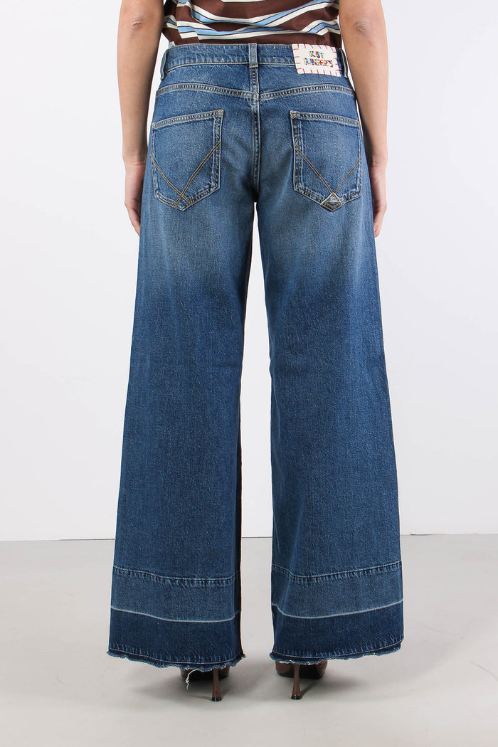 Denim Maxi Tasche Sfrangiato Denim Scuro-5