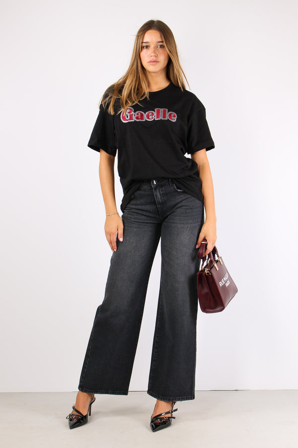 T-shirt Logo Contorno Strass Nero