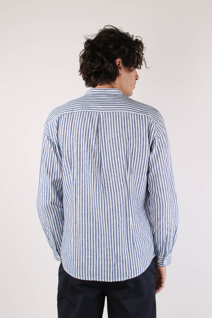 Camicia Coreana Lino Riga Blu Navy-5