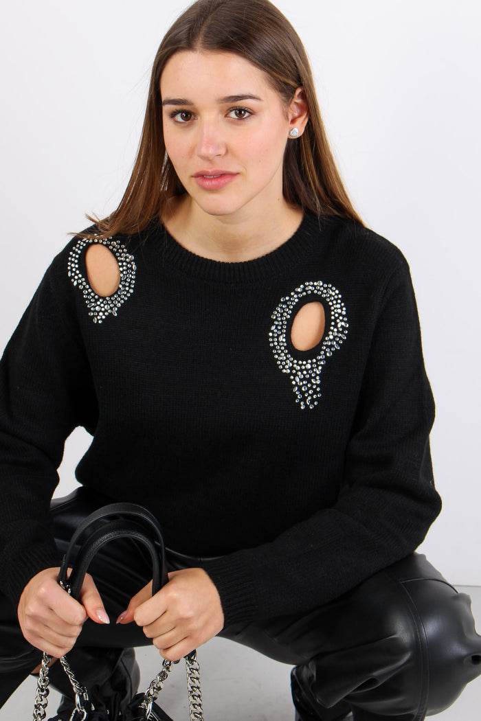 Maglia Aperture Davanti Strass Black-3