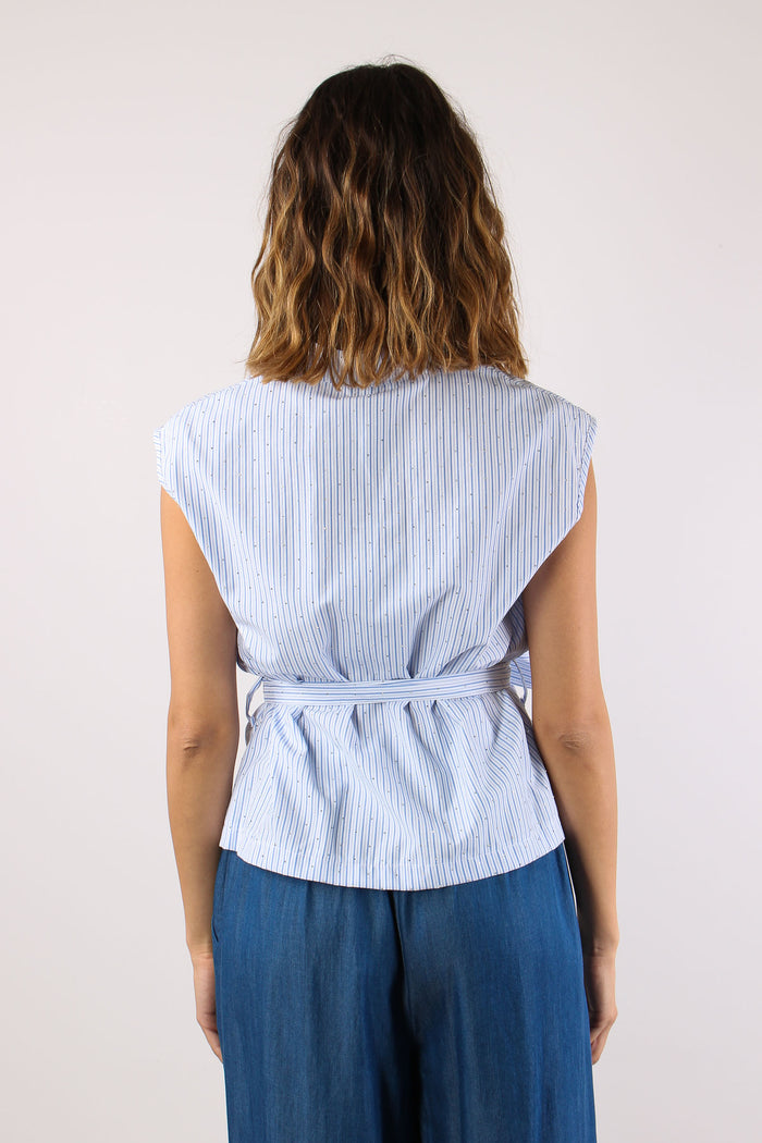 Camicia Smanicata Strass Cintu Blu-4