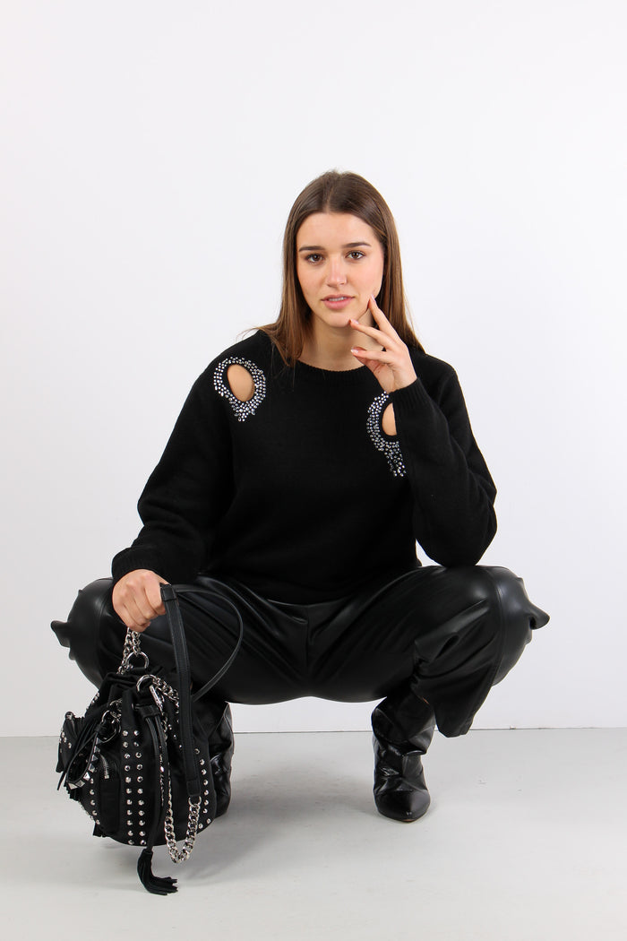 Maglia Aperture Davanti Strass Black-6