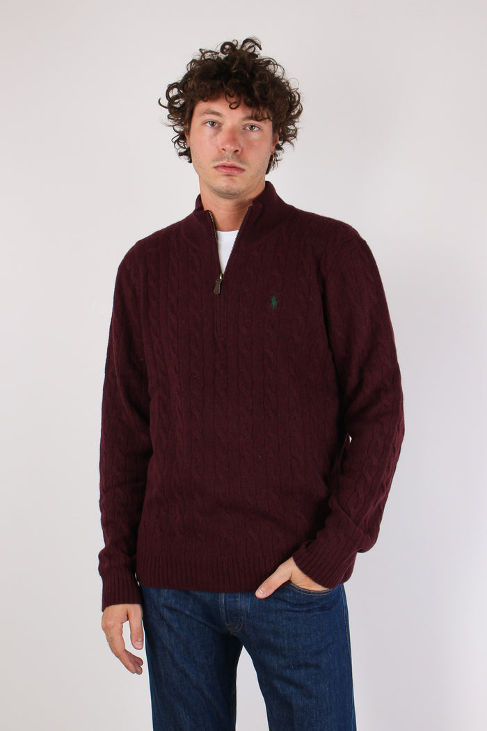 Maglia Mezza Zip Trecce Lana Wine Heather