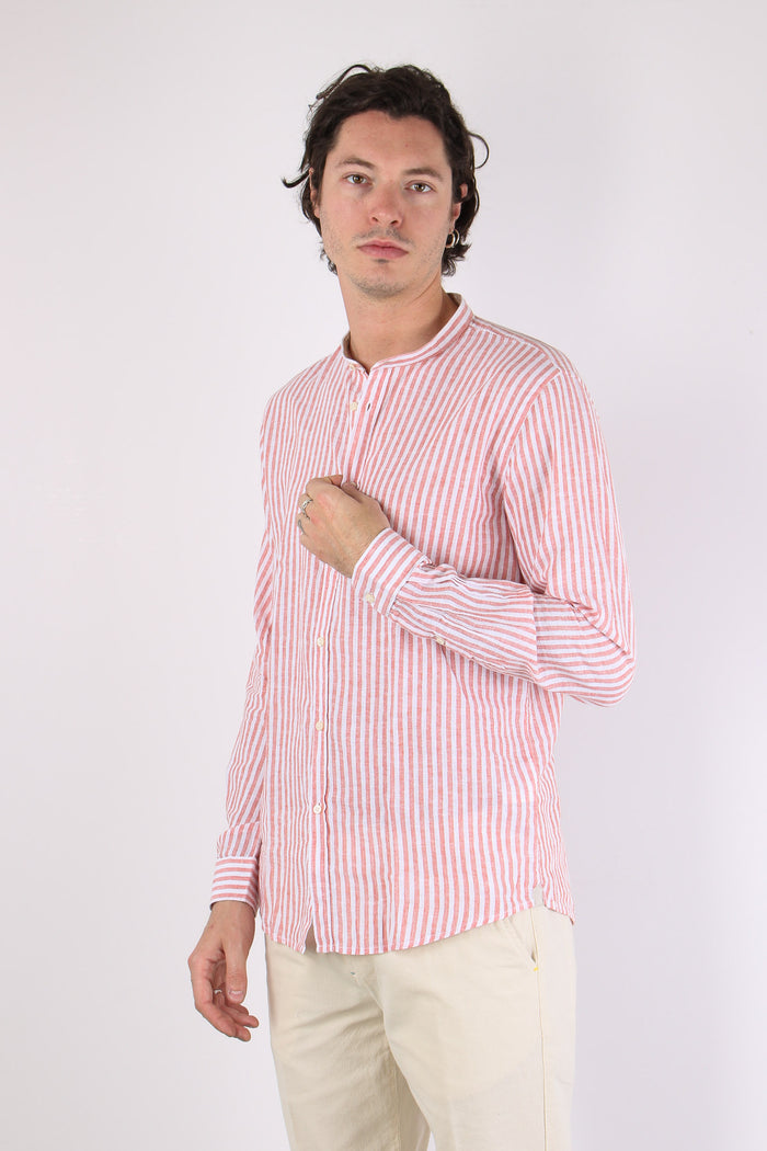 Camicia Coreana Lino Riga Corallo-3