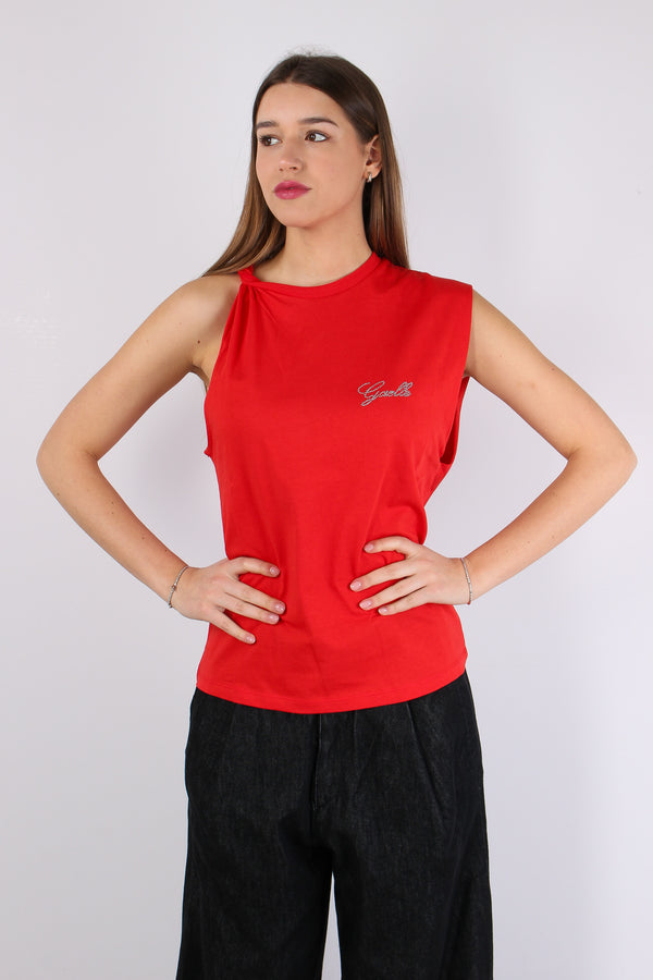 T-shirt Asimmetrica Logo Stras Rosso