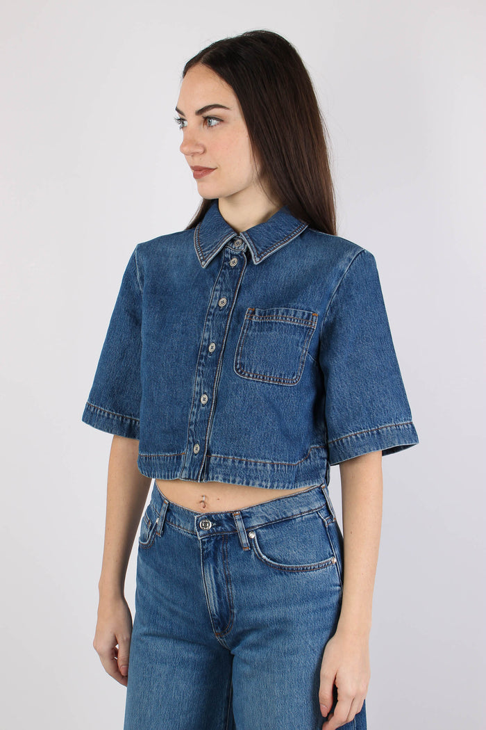 Giacca Camicia Manica Corta Denim Medio-4