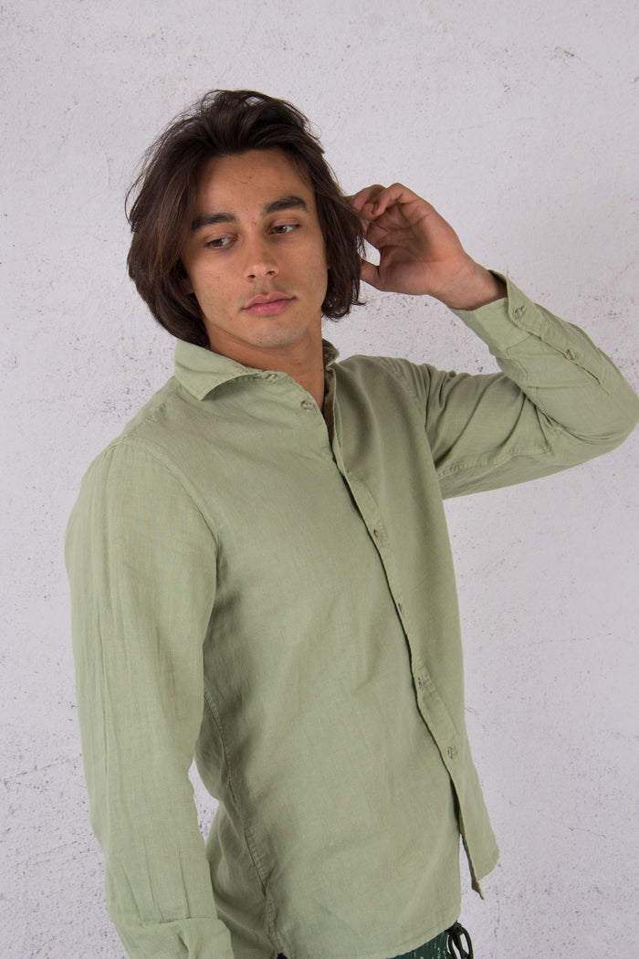Camicia Lino Collo Francese Verde-6