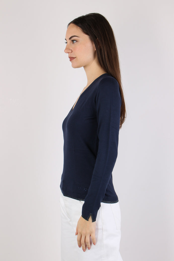 Maglia Scavo V Inserto Lurex Blu Navy-4