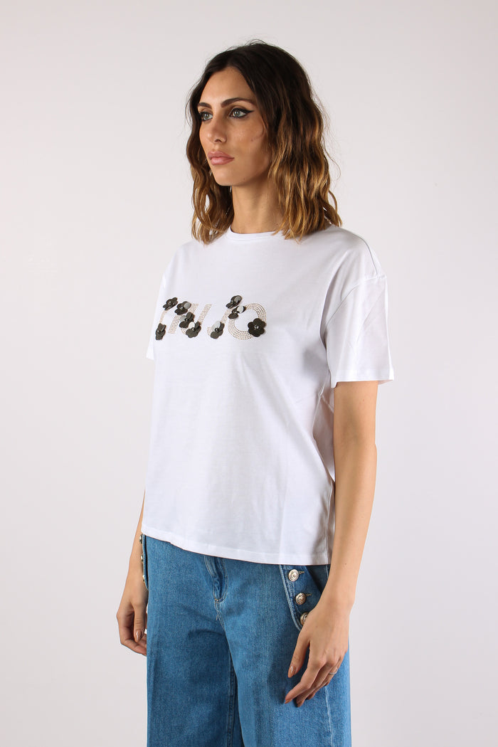 T-shirt Scritta Applicazioni Bianco Liujo-4