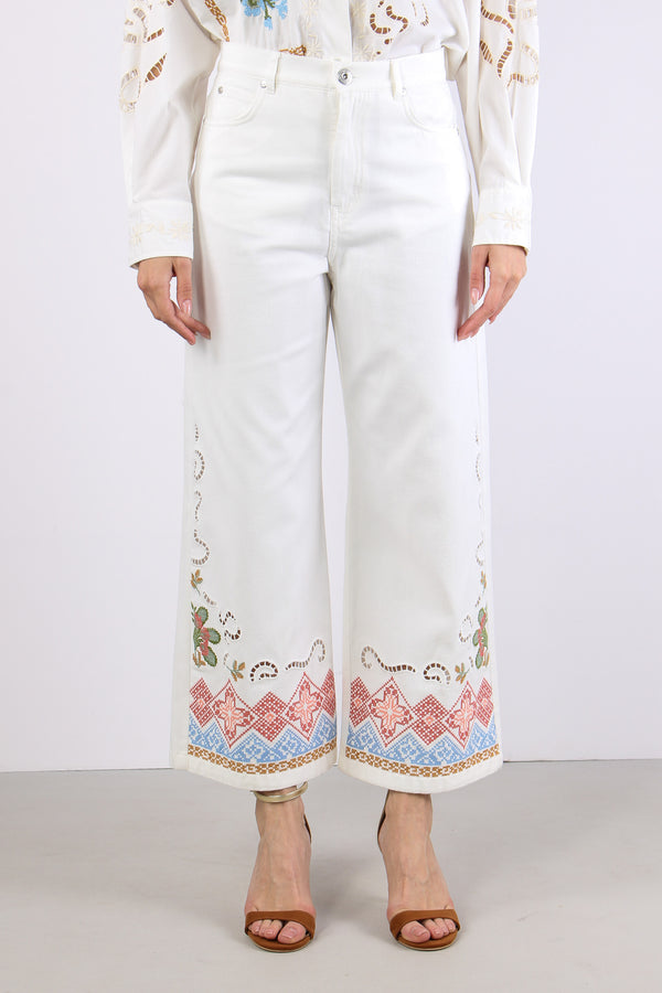 Adunco Pantalone Fondo Ricami Off White-2