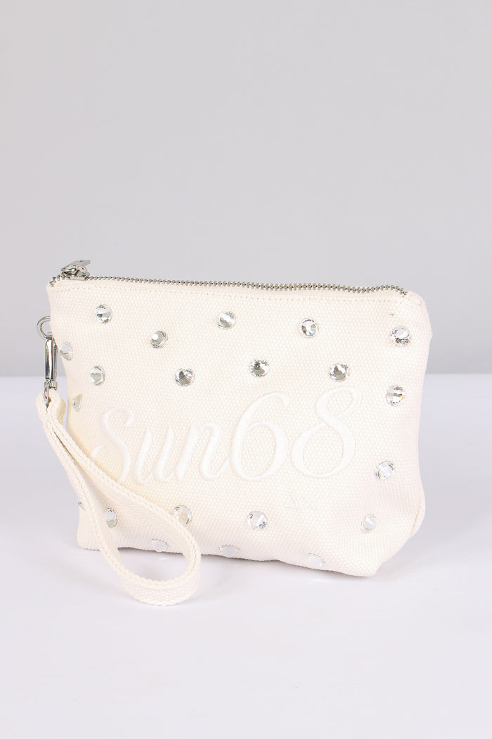 Mini Pochette Canvas Strass Bianco-4