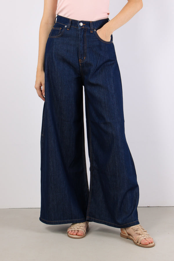 Pantalone Palazzo Cotone Lyonc Denim Scuro-2
