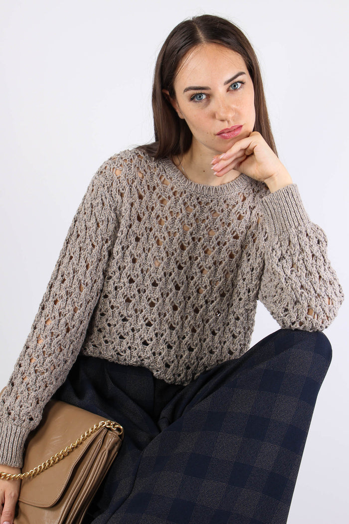 Maglia Traforata Inserto Lurex Tortora-5