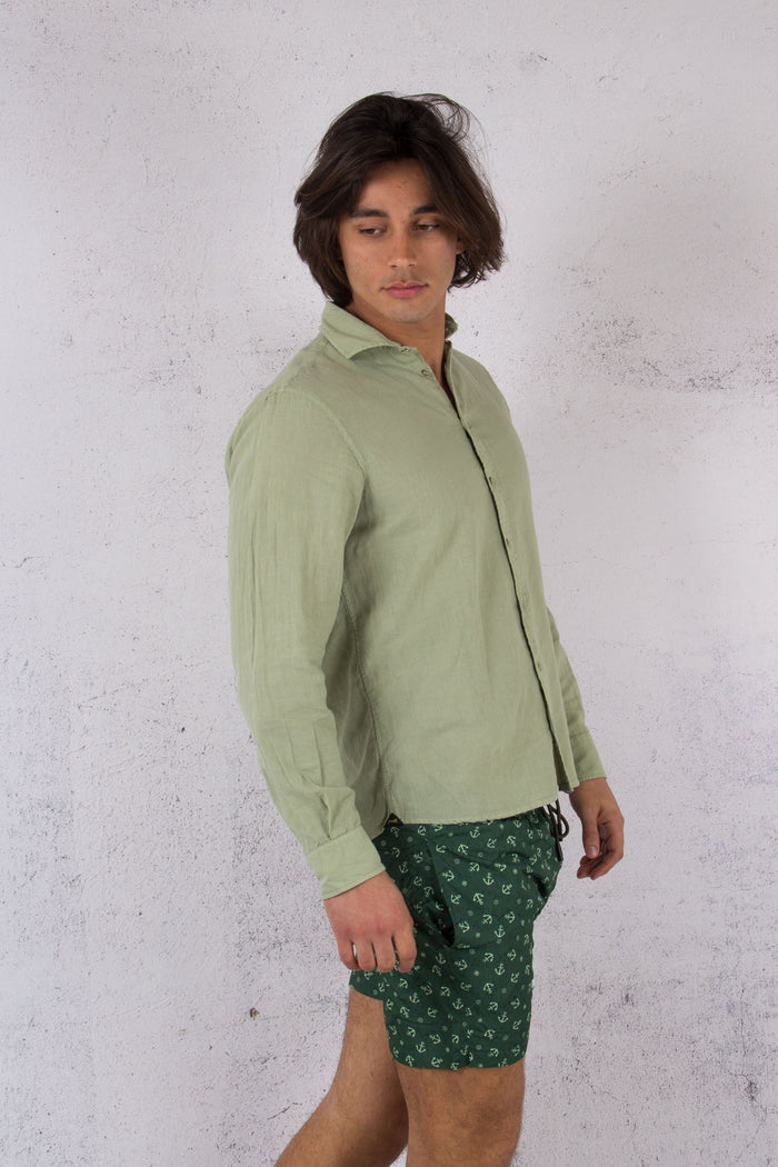 Camicia Lino Collo Francese Verde-4