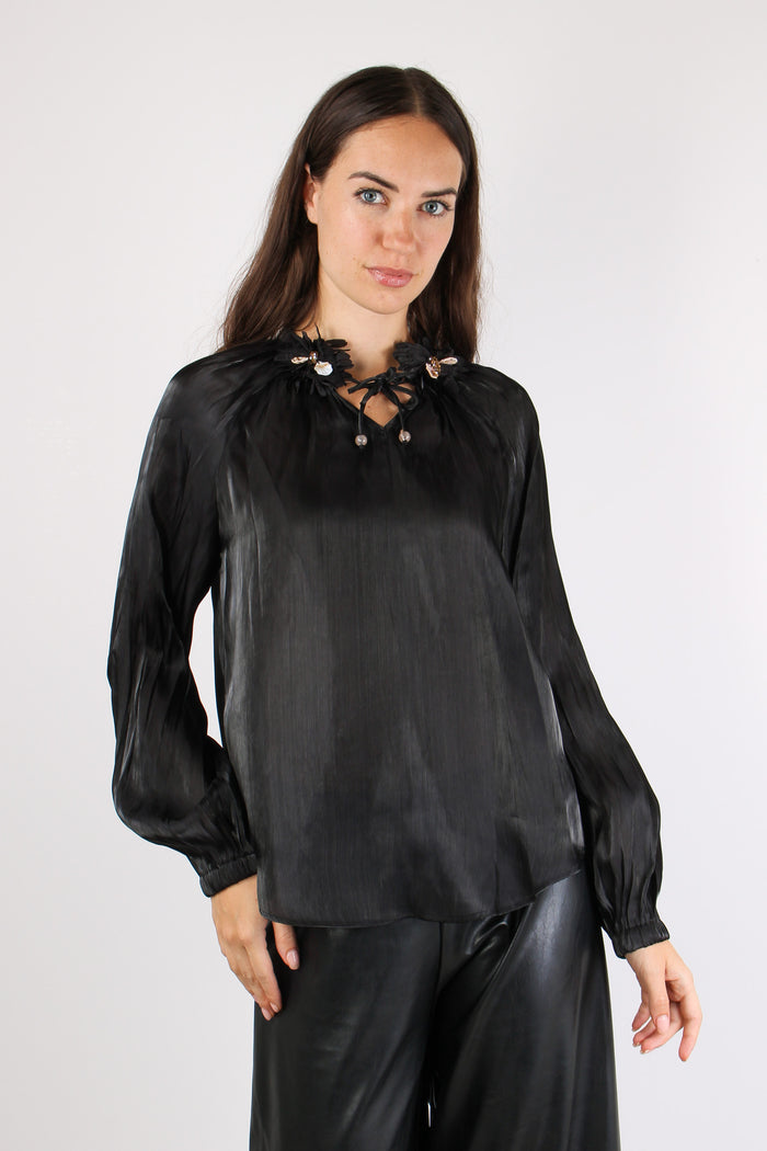 Camicia Arriccio Collo Inserto Nero-3