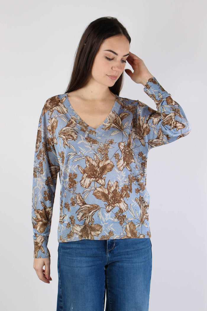 Maglia Lurex Fantasia Foglie Blu Wave-4