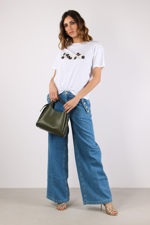 T-shirt Scritta Applicazioni Bianco Liujo
