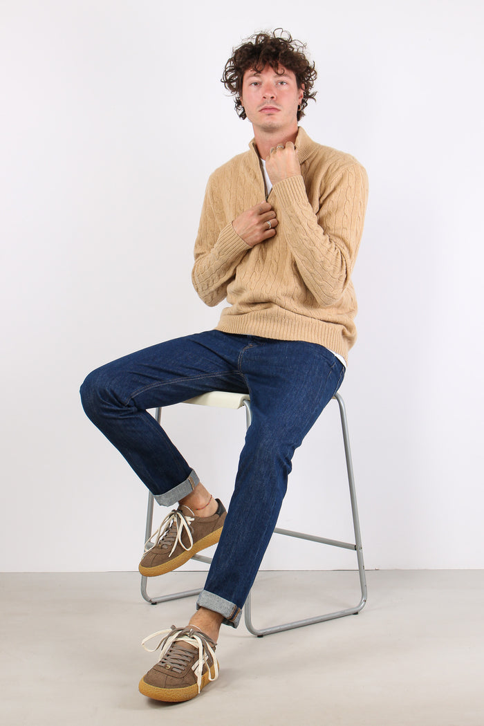 Maglia Mezza Zip Trecce Lana Camel Melange-6