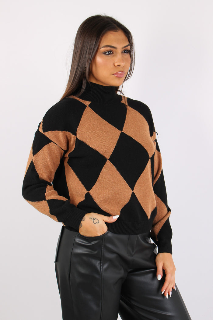 Collo Alto Intarsio Rombi Cammello/nero-4