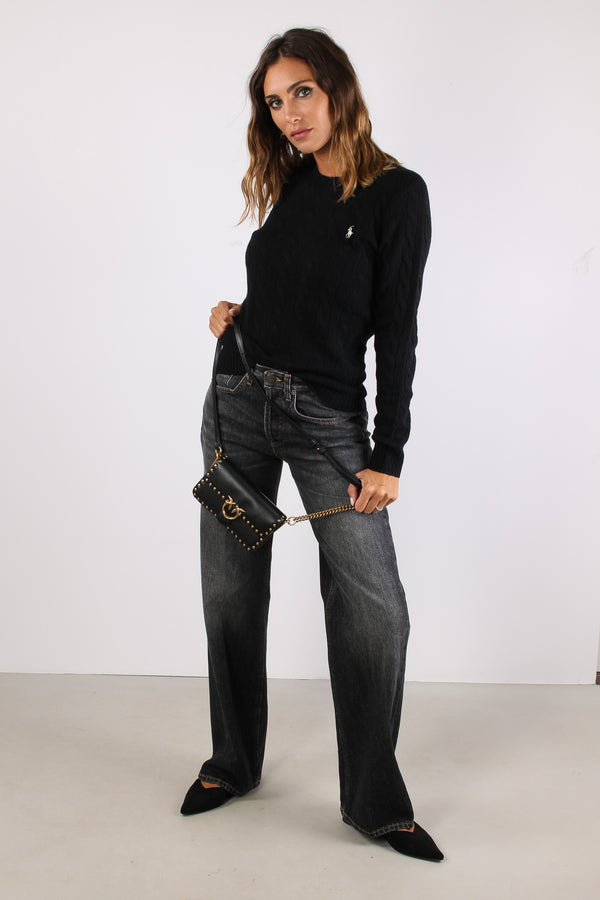 Maglia Girocollo Trecce Misto Lana Polo Black