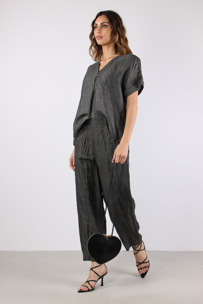 Blusa Scollo V Bottoni Grigio-4