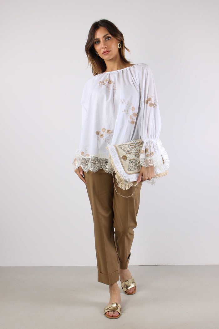 Blusa Scollo Barca Ricamo Fior Bianco-7