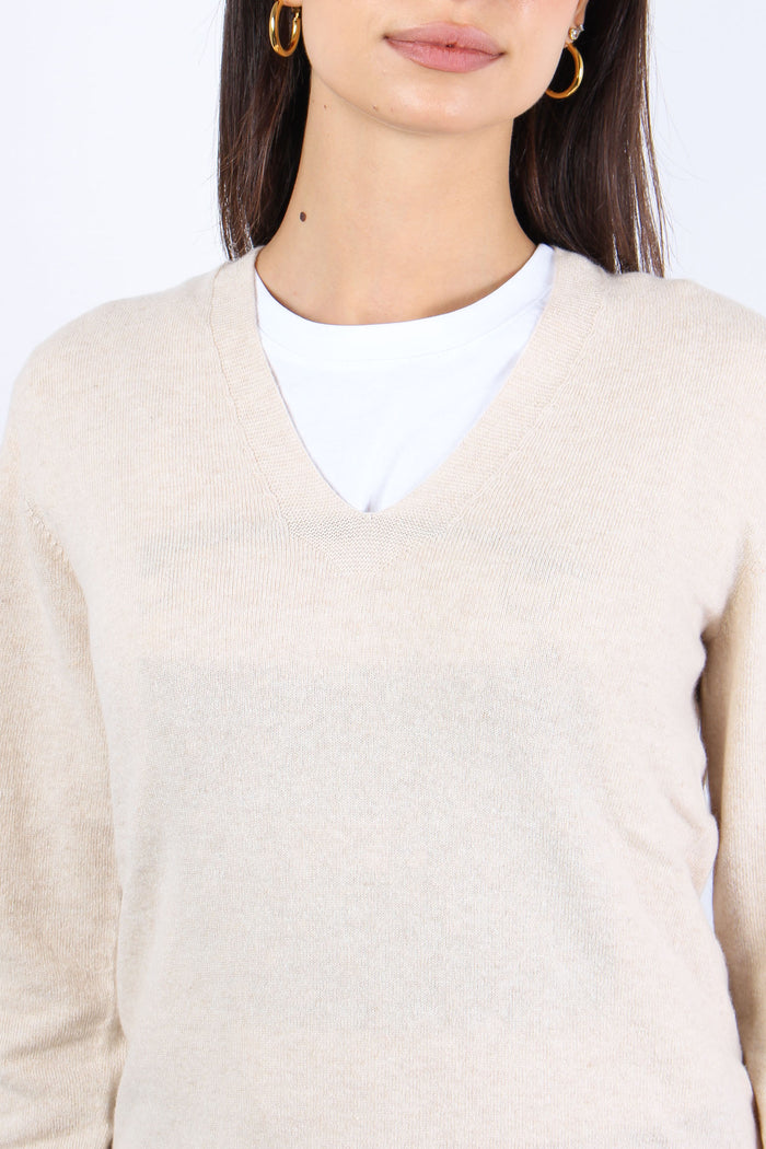 Maglia Misto Cashmere Scollo V Naturale-6